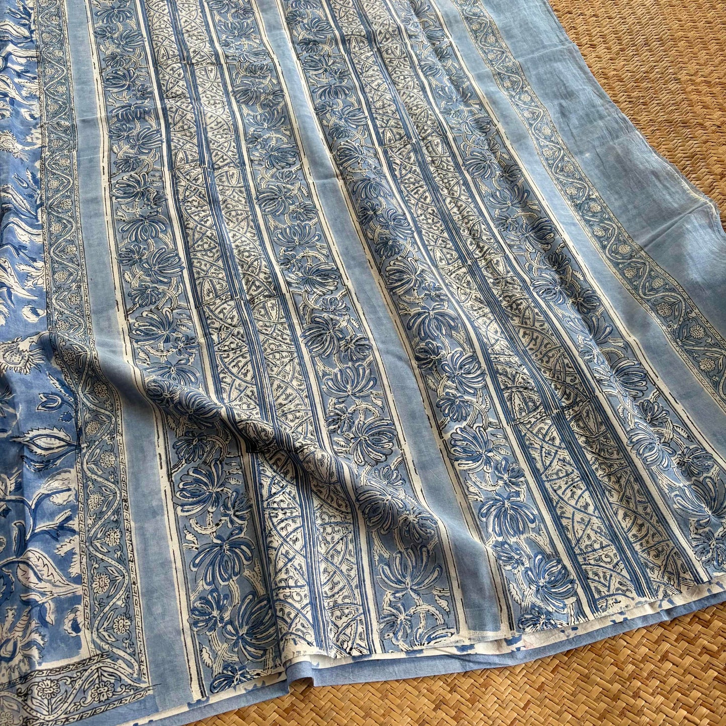 Mul Mul Cotton saree, Hand Block Printed, Blue