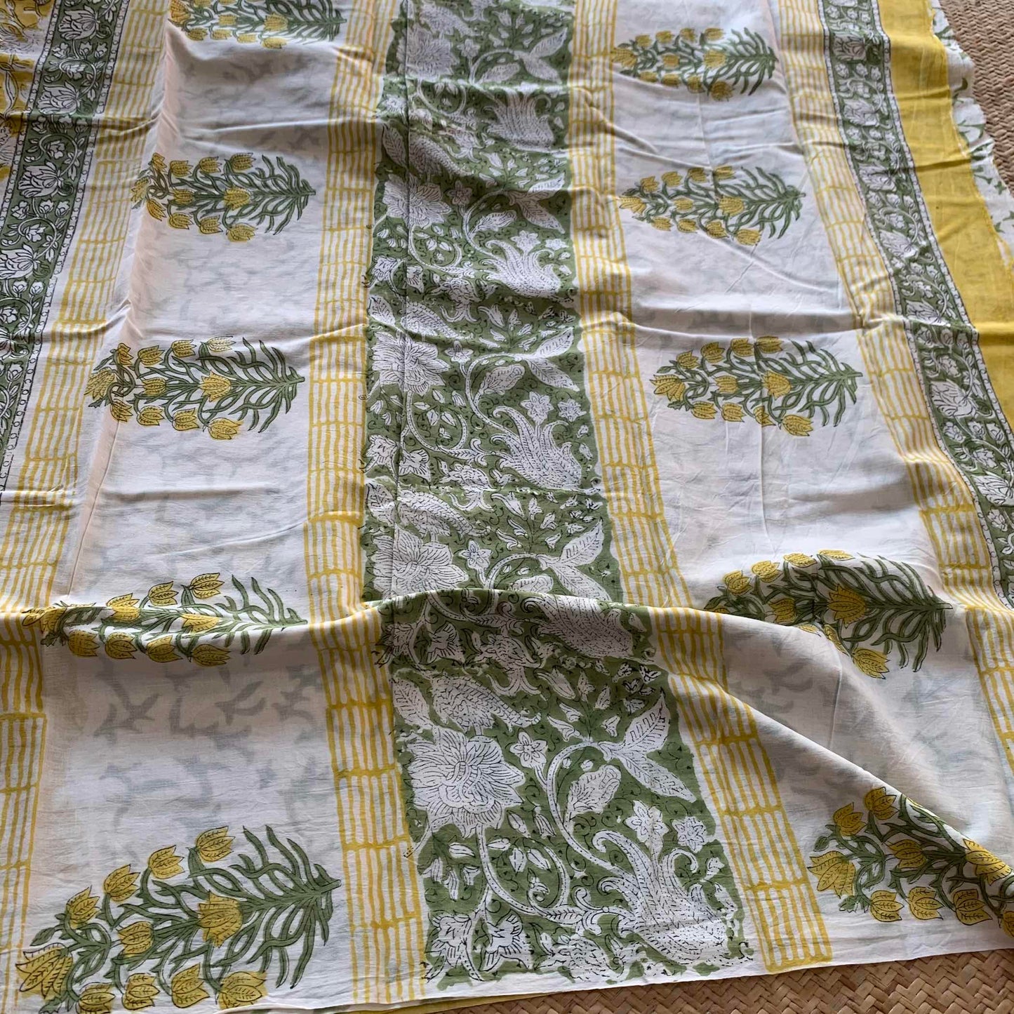 Mul Mul Cotton saree, Hand Block Printed, Yellow