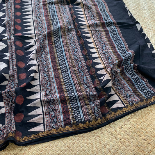 Athangudi Tiles- Charcoal, Ajrak Hand Block Printed On Madurai Cotton Saree With Zari