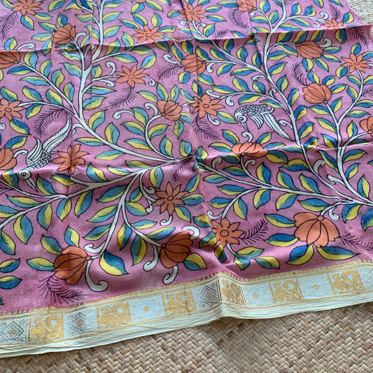 Dusty Pink Floral, Kalamkari Hand Painted on a Madurai Sungudi Cotton BLOUSE