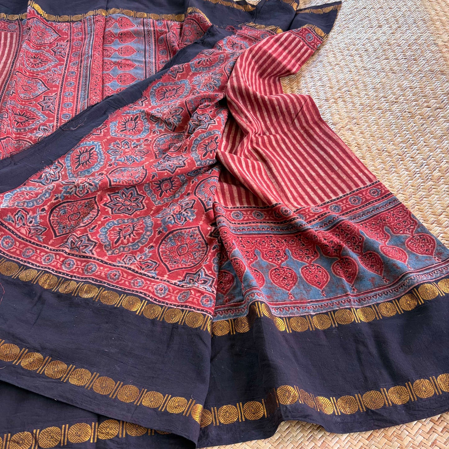 Madder Stripes, Ajrak Hand Block Printed On Madurai Cotton Saree With Zari