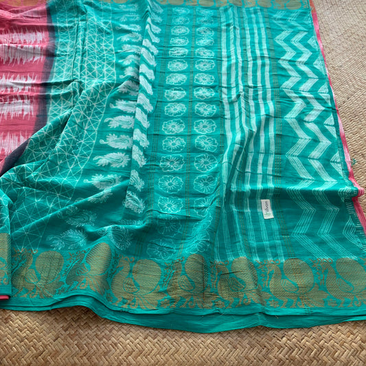 Pink with Green, Hand Crafted Nui Shibori Sungudi Cotton Saree