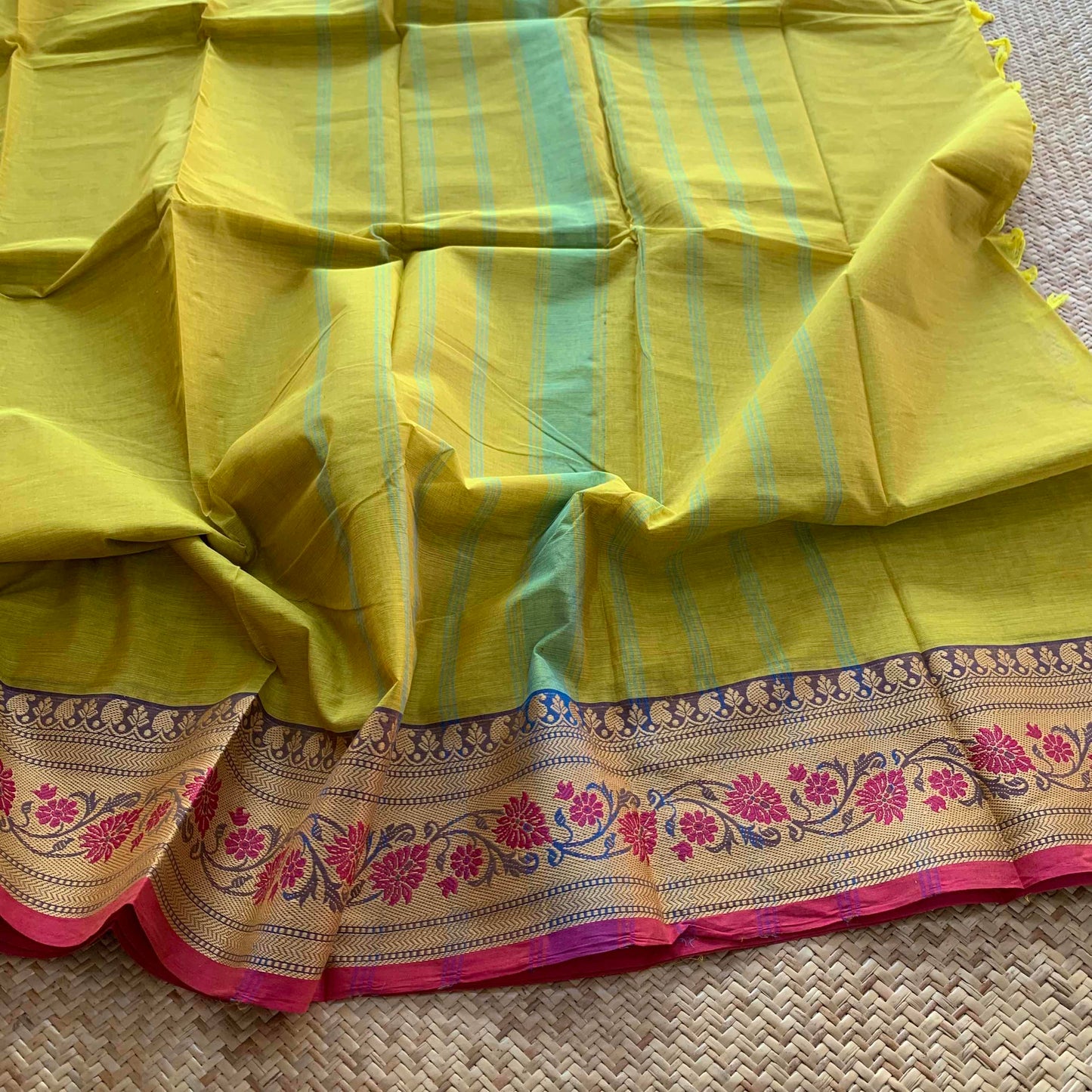 Lime Green Saree With Thread Border, Chettinadu Cotton Saree