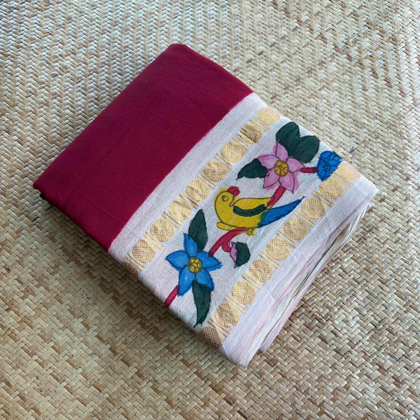 Parrot 🦜 - Kalamkari Hand Painted on a Madurai Sungudi Cotton saree. With Blouse