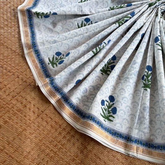 White, Jaipur Hand Block Printed On Madurai Cotton Saree With Zari