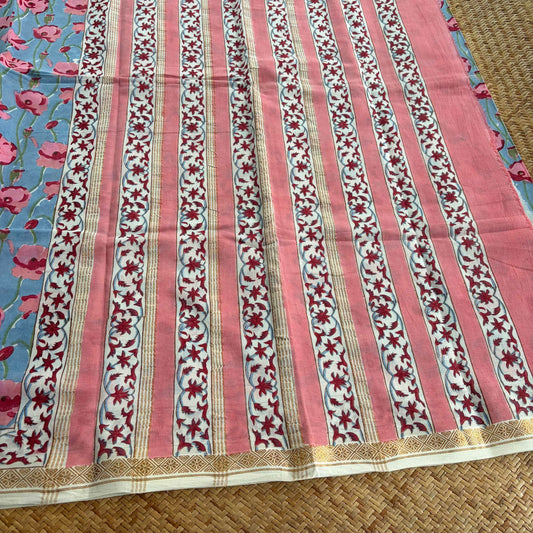 Blue, Jaipur Hand Block Printed On Madurai Cotton Saree With Zari