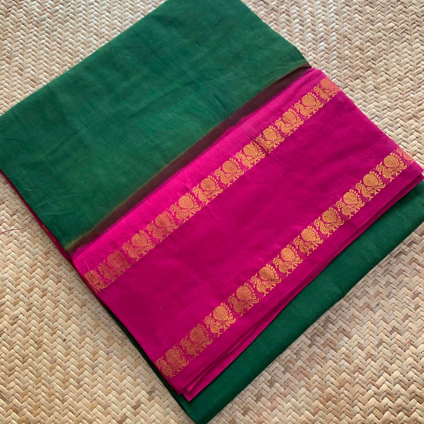 Dark Green Saree With Pink Border, Zari Annam Rettai Pettu Border , Clamp dyed (Kattu sayam).