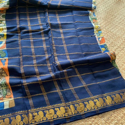 Multicoloured Kalamkari Hand Painted on a Madurai Velthari Sungudi Cotton saree.