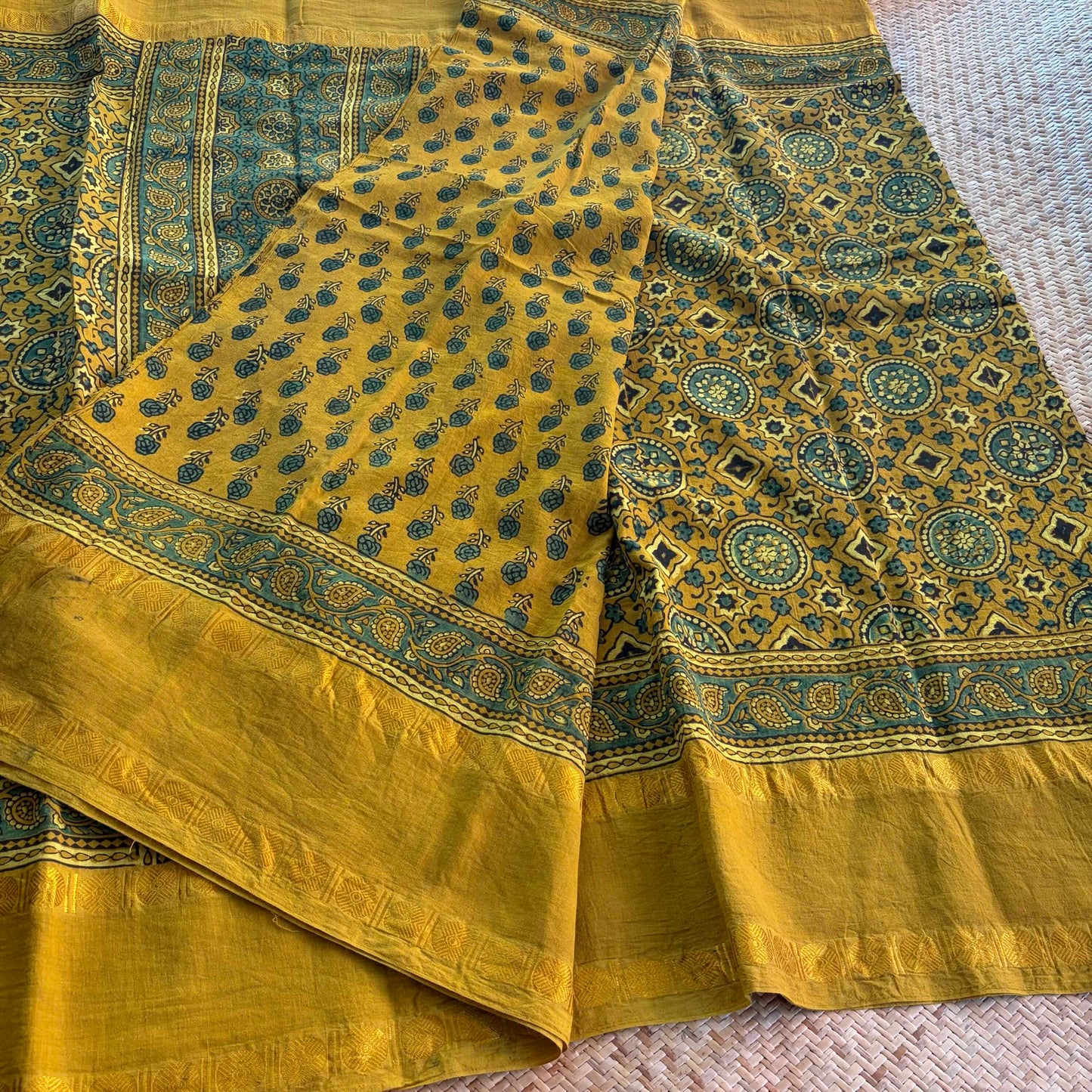 Mustard, Ajrak Hand Block Printed On Madurai Cotton Saree With Zari
