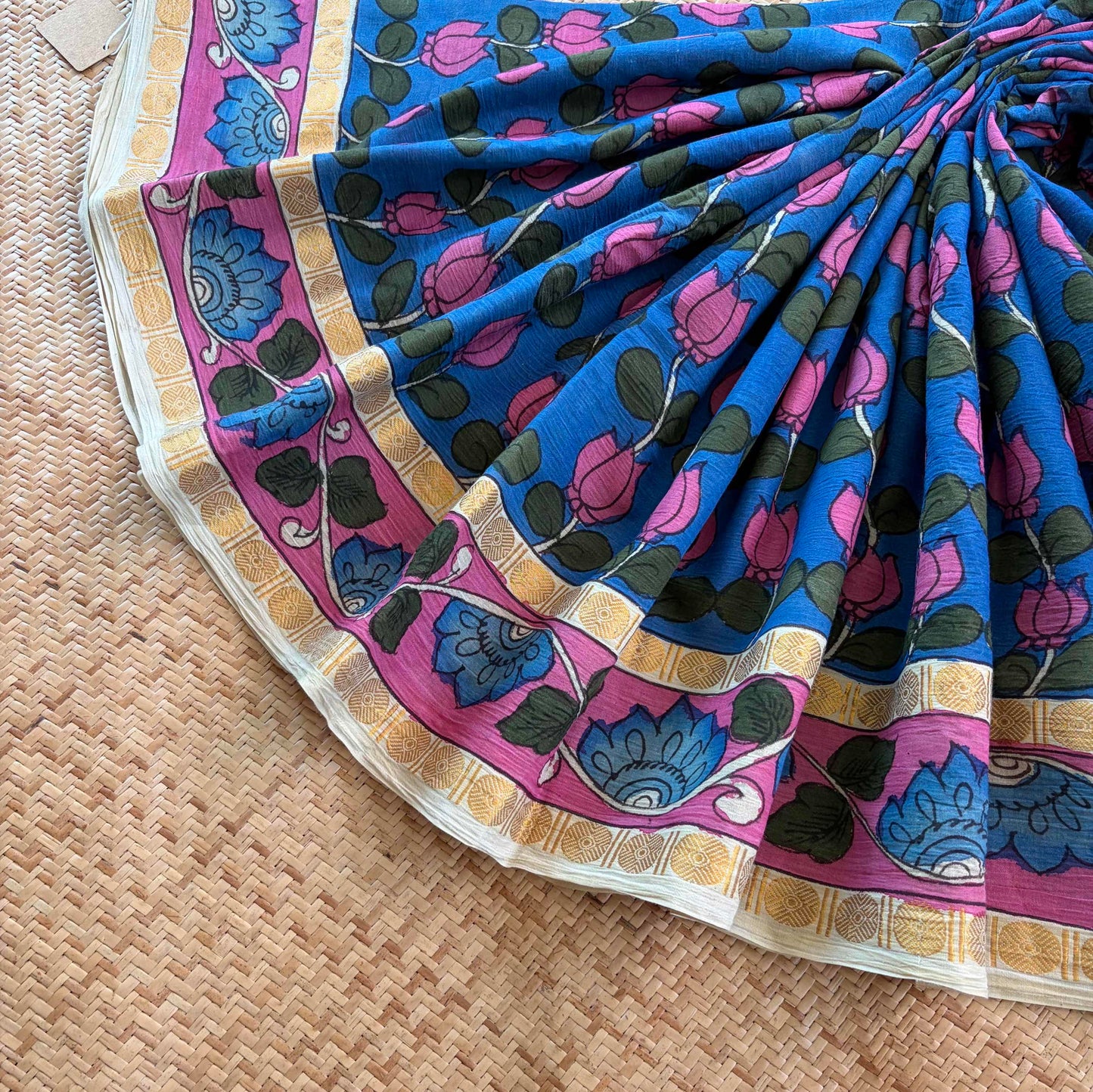 Blue Kalamkari Hand Painted on Cotton Sungudi Saree With Blouse