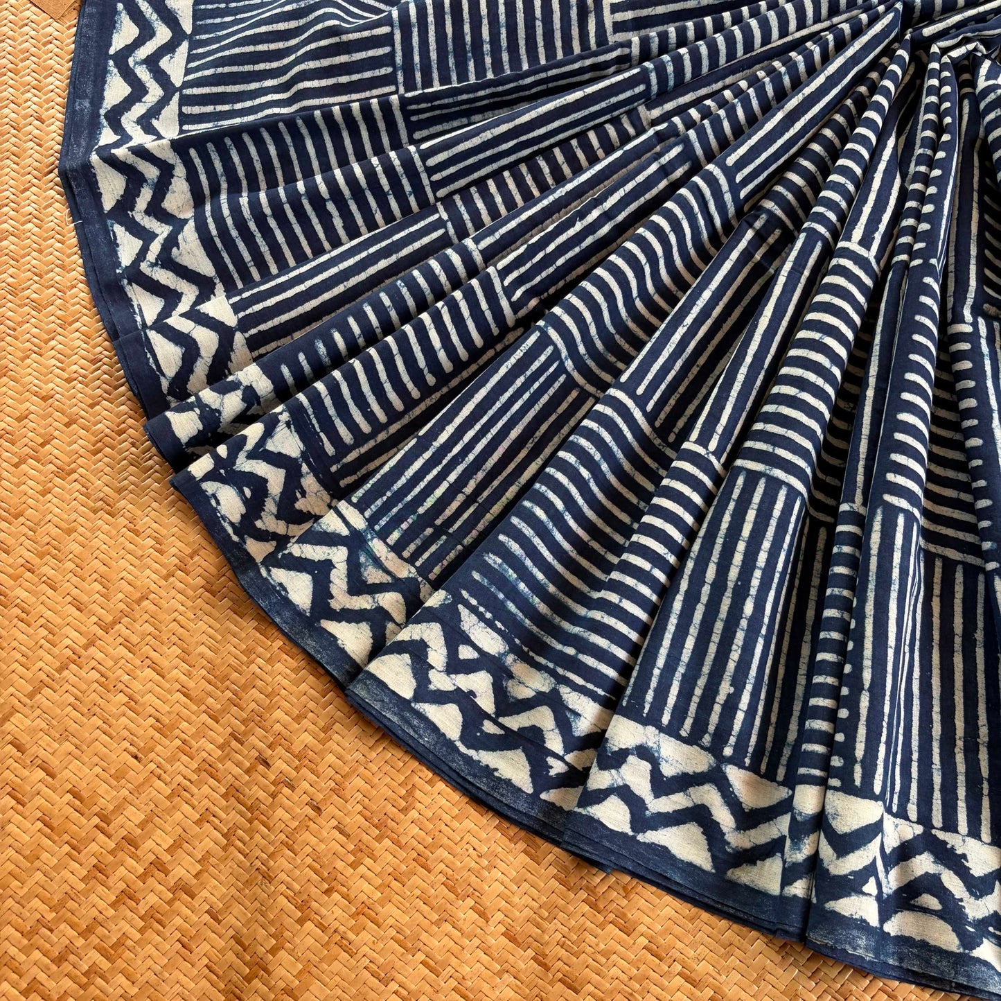 Mul Mul Cotton saree, Hand Block Printed, Indigo