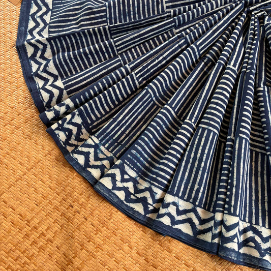 Mul Mul Cotton saree, Hand Block Printed, Indigo
