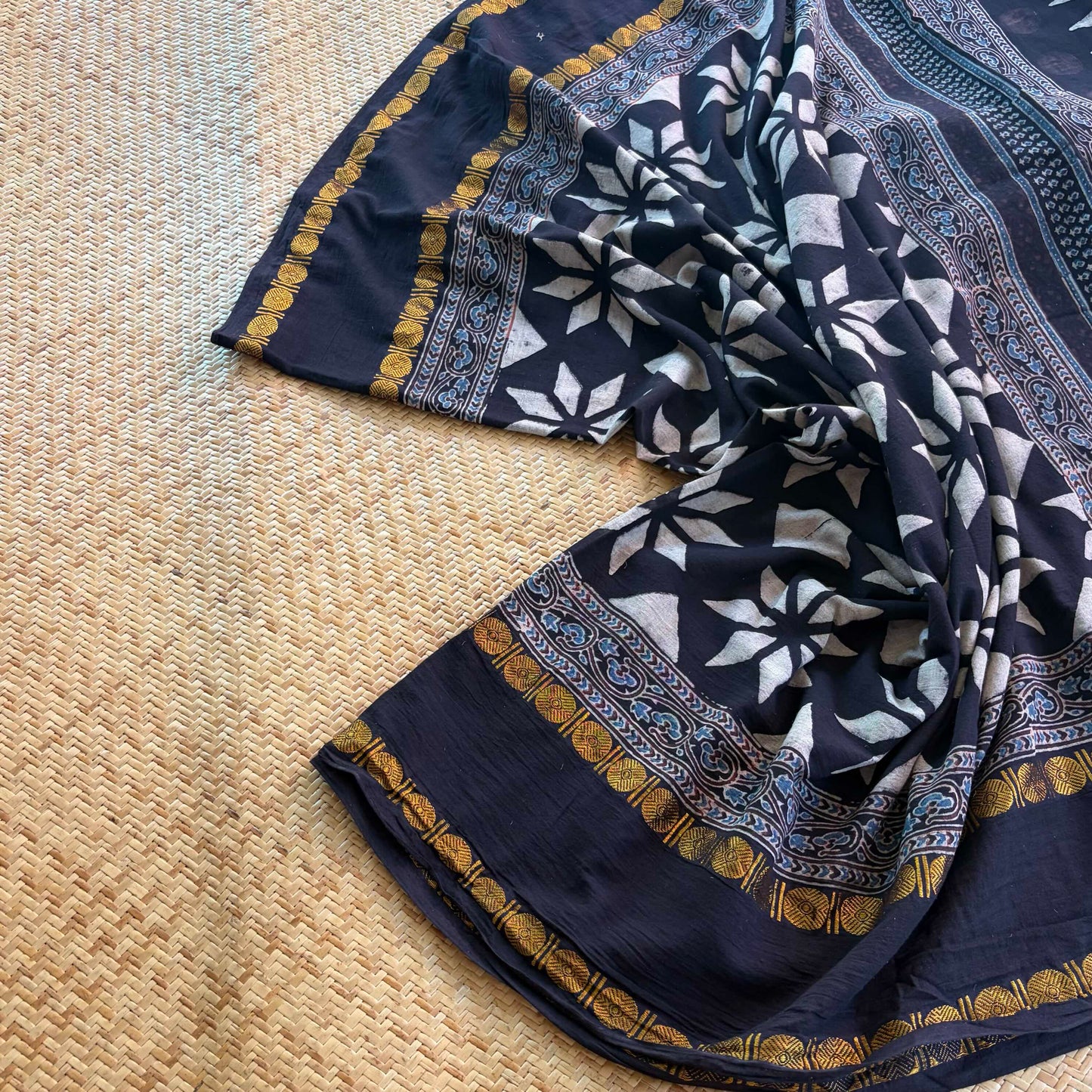 Black, Ajrak Hand Block Printed On Madurai Cotton Saree With Zari