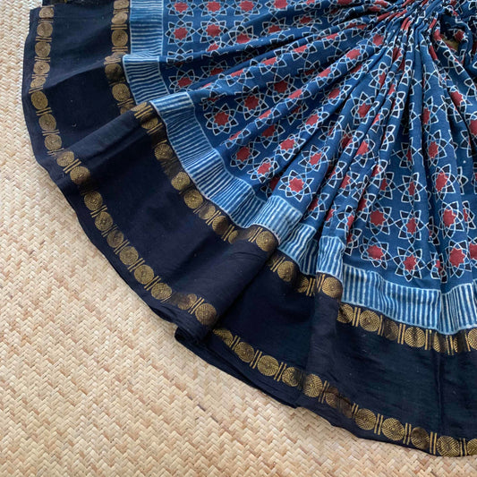 Atoms, Ajrak Hand Block Printed On Madurai Cotton Saree With Zari