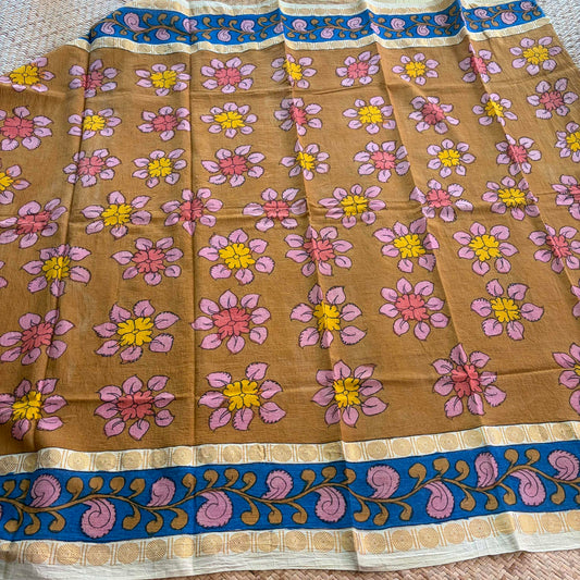 Mustard Floral, Kalamkari Hand Painted on a Madurai Sungudi Cotton 1.20 METER FABRIC