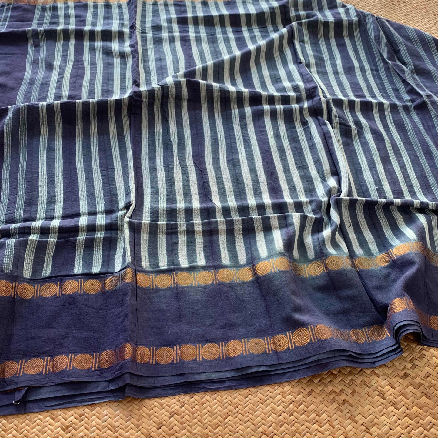 Lines - Denim Blue, Hand Crafted Shibori Sungudi Cotton Saree