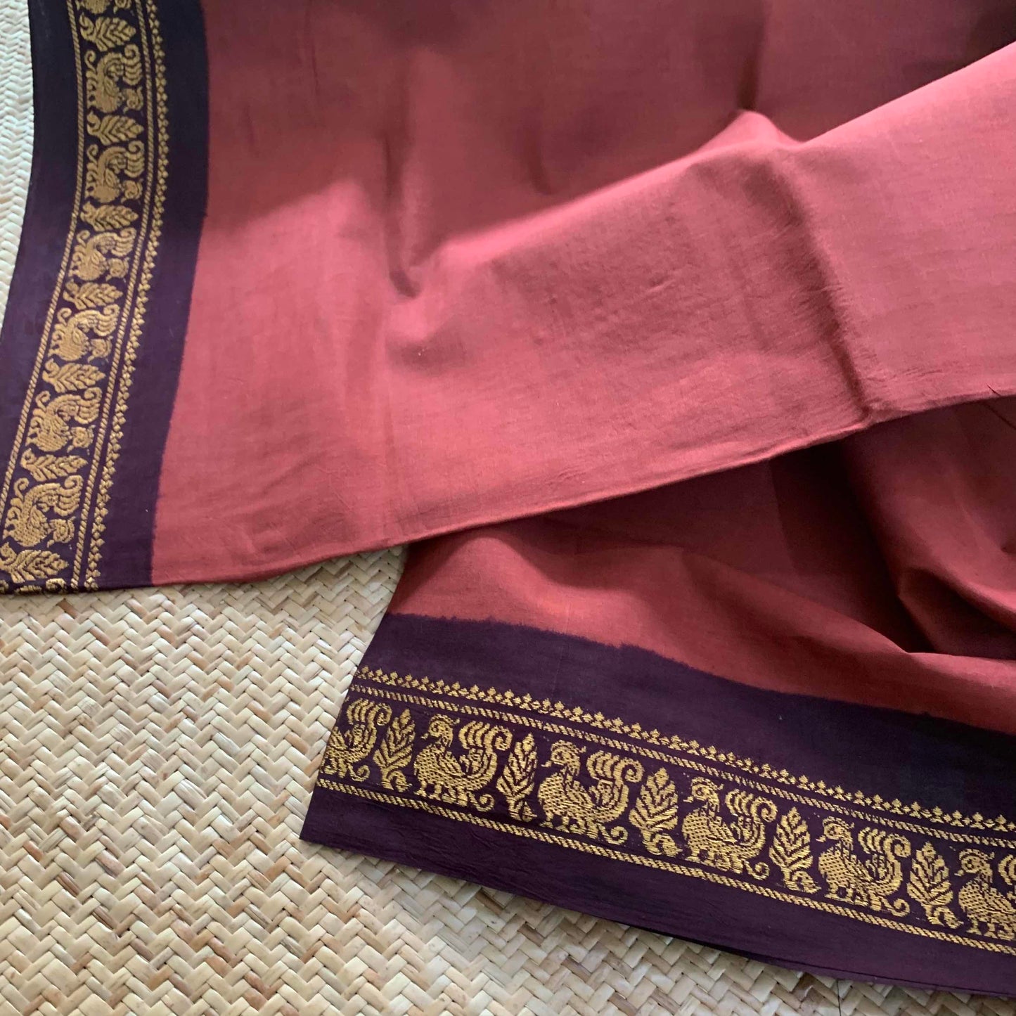 Brown Saree With Beetle Nut Brown Half Fine Zari Border, Clamp dyed (Kattu sayam).