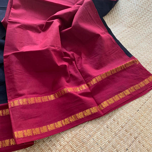 Black Saree With Maroon Border, Zari Annam Rettai Pettu Border , Clamp dyed (Kattu sayam).