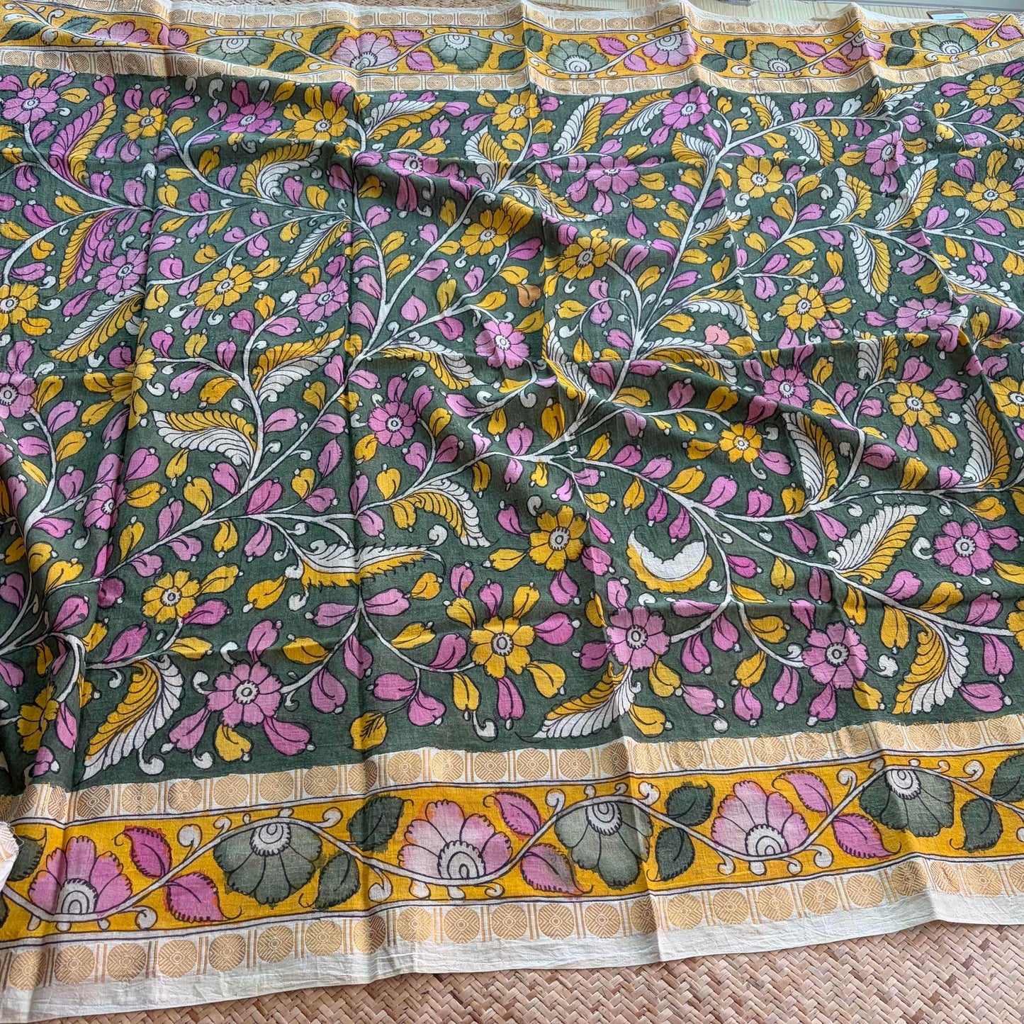 Green Floral, Kalamkari Hand Painted on a Madurai Sungudi Cotton 1.20 METER FABRIC