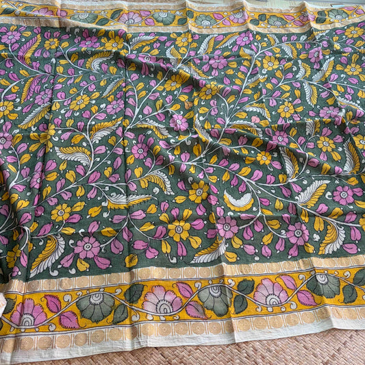 Green Floral, Kalamkari Hand Painted on a Madurai Sungudi Cotton 1.20 METER FABRIC