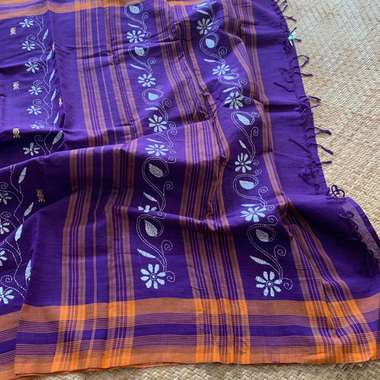 Arupukottai Hand woven Saree with multi colour thread Kantha embroidery