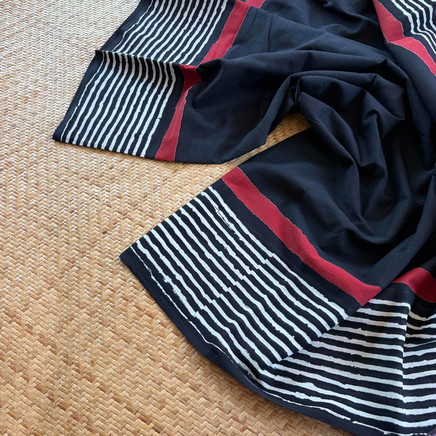 Mul Mul Cotton saree, Hand Block Printed, Black