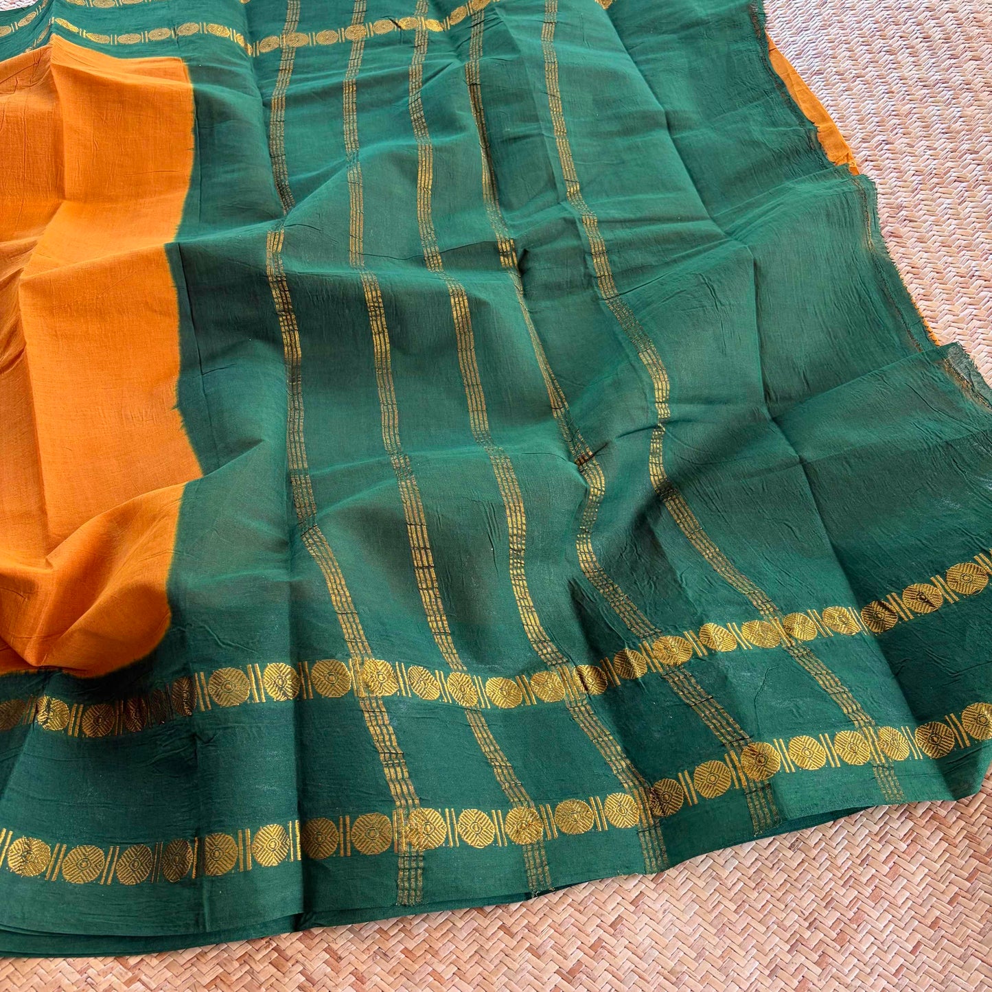Mustard Saree With Running Blouse , Zari Rudraksham Rettai Pettu Border , Clamp dyed (Kattu sayam)