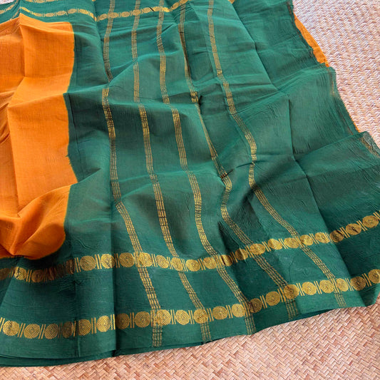 Mustard Saree With Running Blouse , Zari Rudraksham Rettai Pettu Border , Clamp dyed (Kattu sayam)