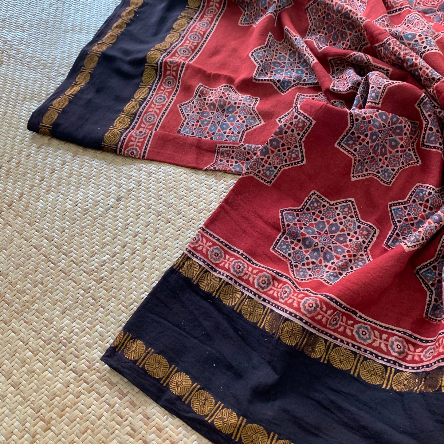 Star-Manjistha, Ajrak Hand Block Printed On Madurai Cotton Saree With Zari