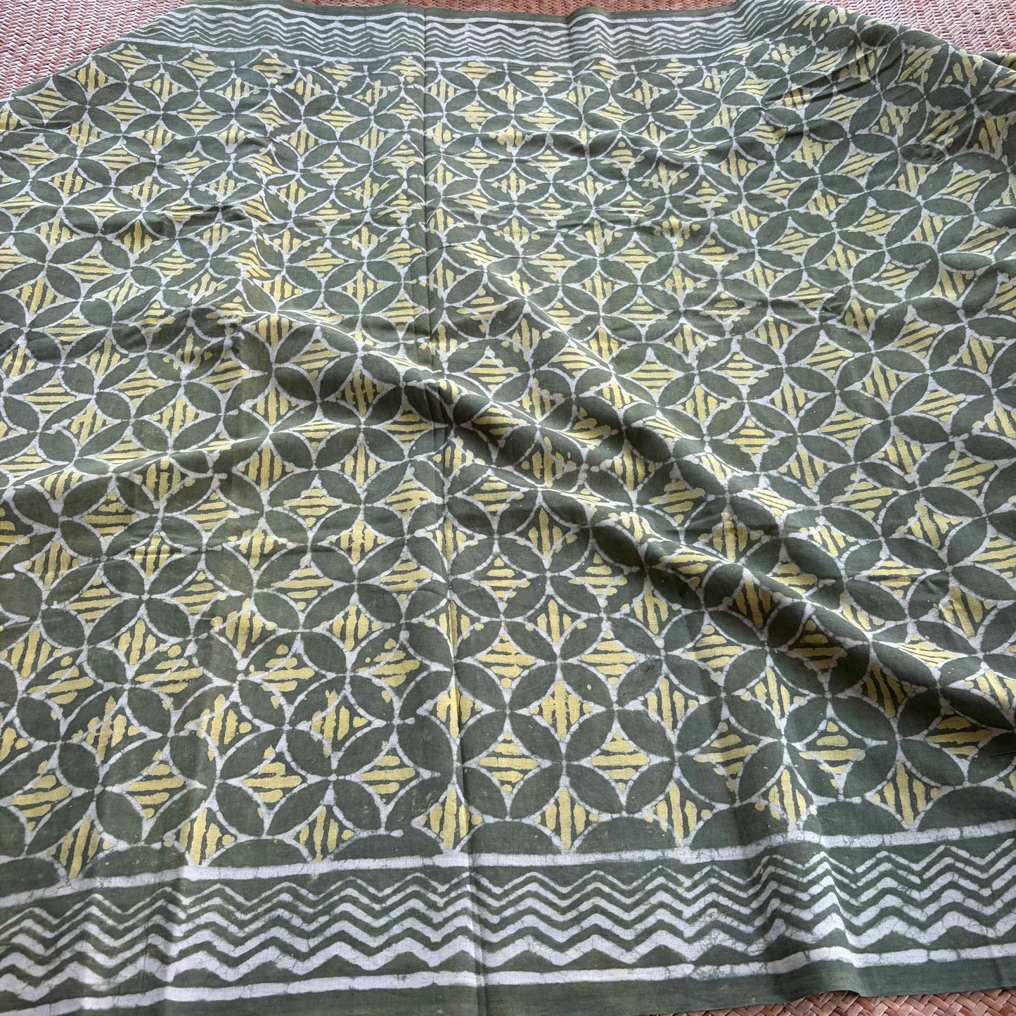 Mul Mul Cotton saree, Hand Block Printed, Green