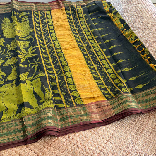 Green Forest Kalamkari Hand Painted on Chettinad Cotton saree