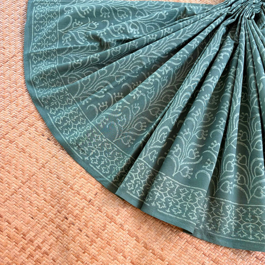 Mul Mul Cotton saree, Hand Block Printed, green