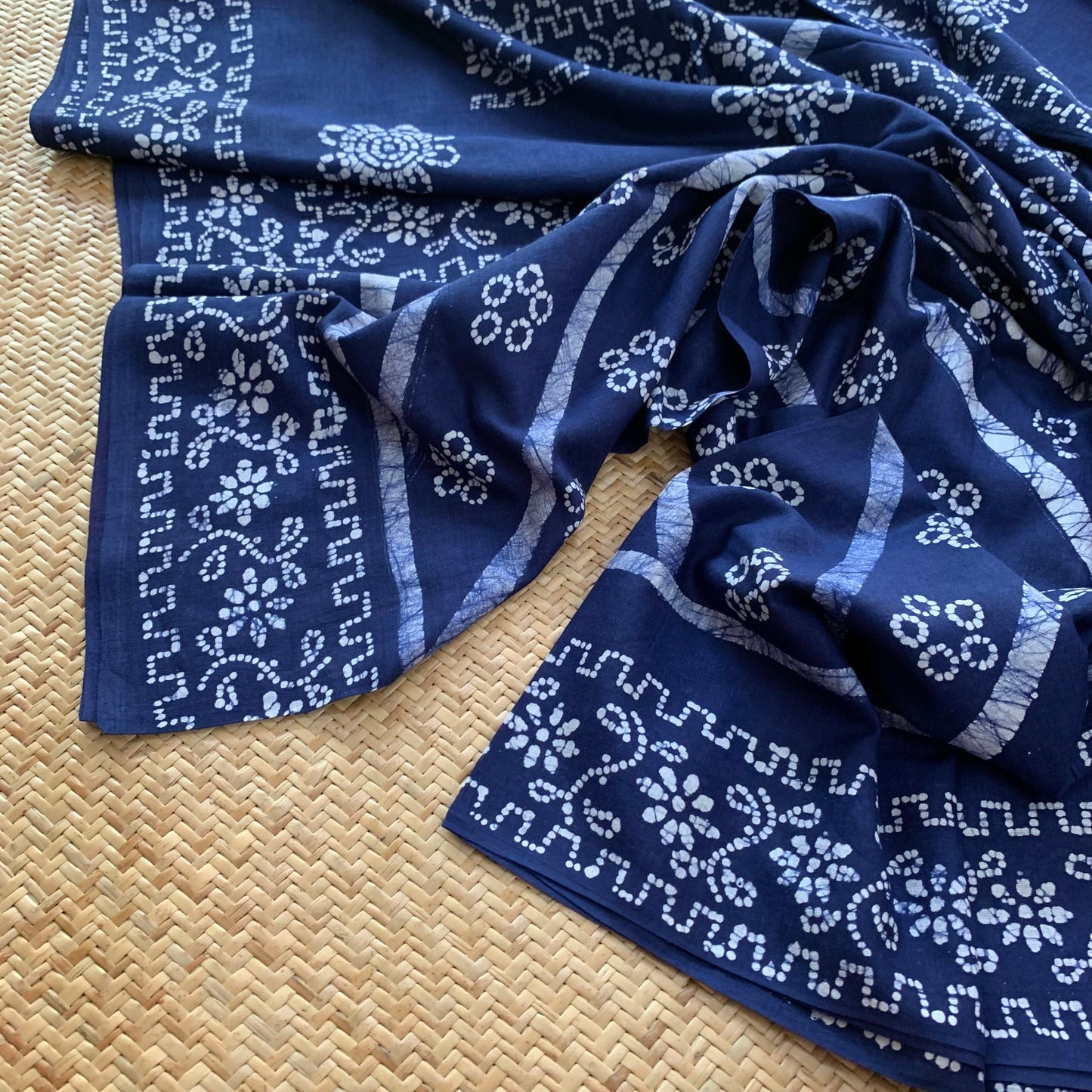 Blue Hand Crafted wax print Sungudi Mul Mul Cotton Saree