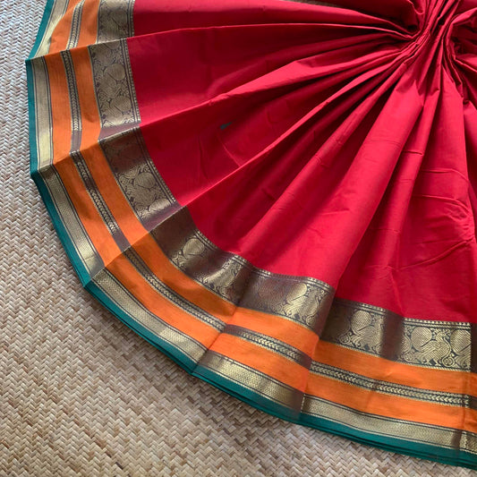 Chettinad Cotton Saree, Red Saree with Orange Border