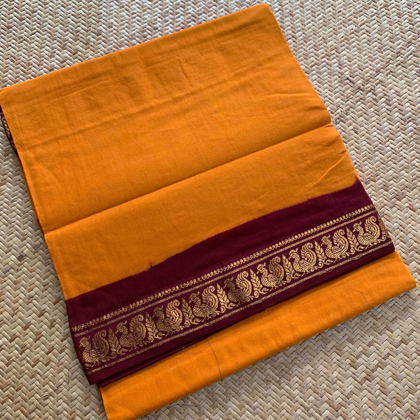 Yellow Saree With Brown Half Fine Zari Border, Clamp dyed (Kattu sayam).