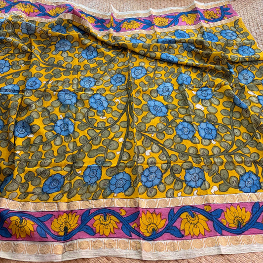 Yellow Floral, Kalamkari Hand Painted on a Madurai Sungudi Cotton 1.20 METER FABRIC