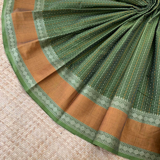 Kanchipuram Cotton Saree, Handwoven Green Saree with Mustard Border and Grand Pallu