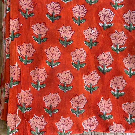 Hand Block Printed Sanganeri Cotton Running Fabric, Orange