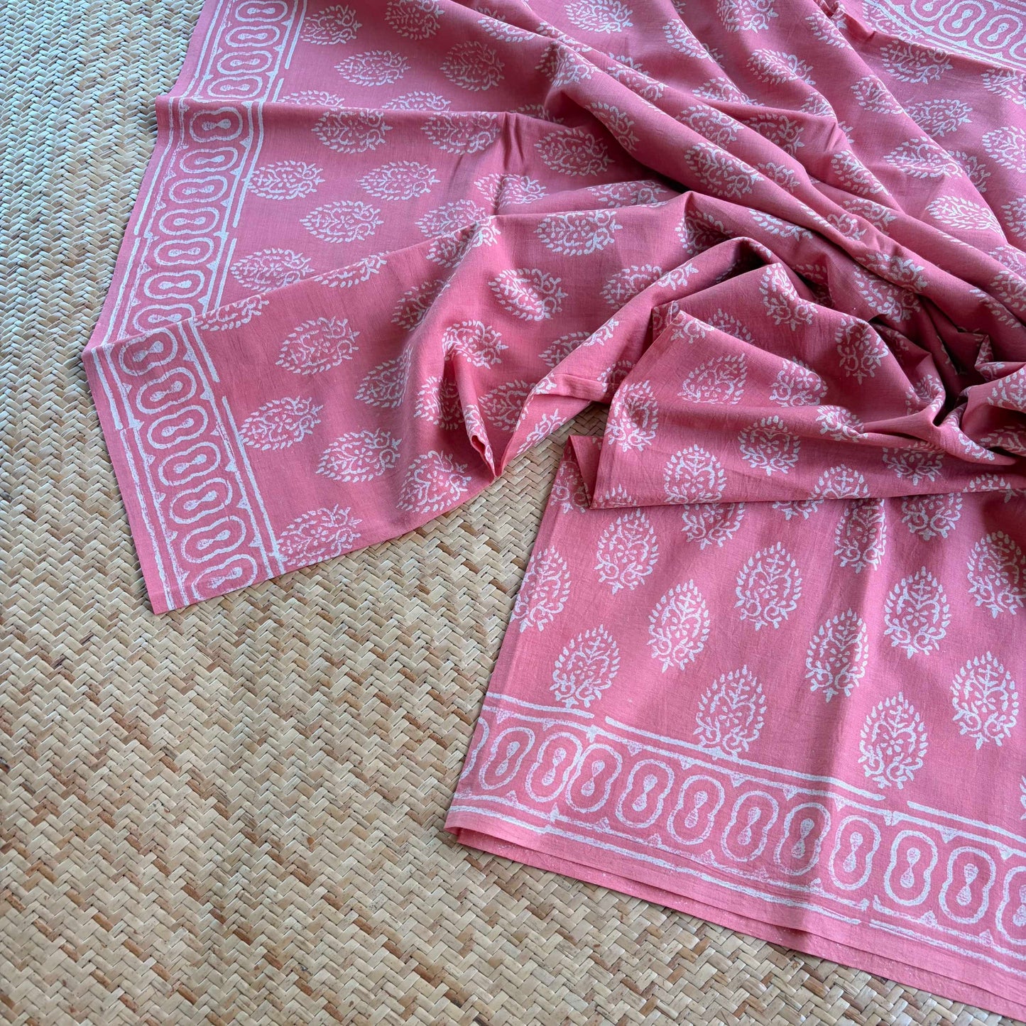 Mul Mul Cotton saree, Hand Block Printed, Pink