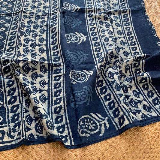 Mul Mul Cotton saree, Dabu Block Printed indigo Blue