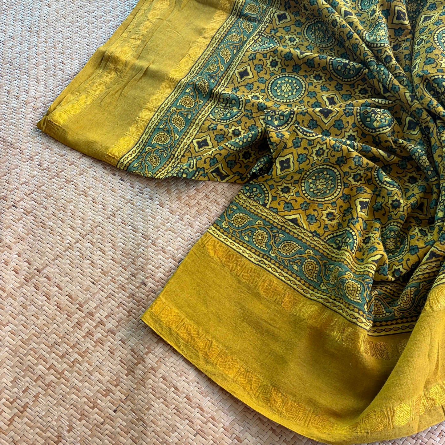 Mustard, Ajrak Hand Block Printed On Madurai Cotton Saree With Zari