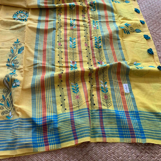 Arupukottai Hand woven Saree with multi colour thread Kantha embroidery