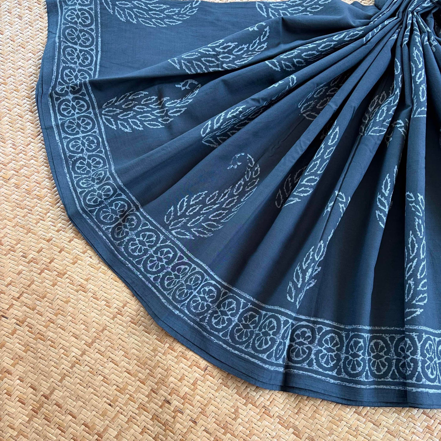 Mul Mul Cotton saree, Hand Block Printed, Grey