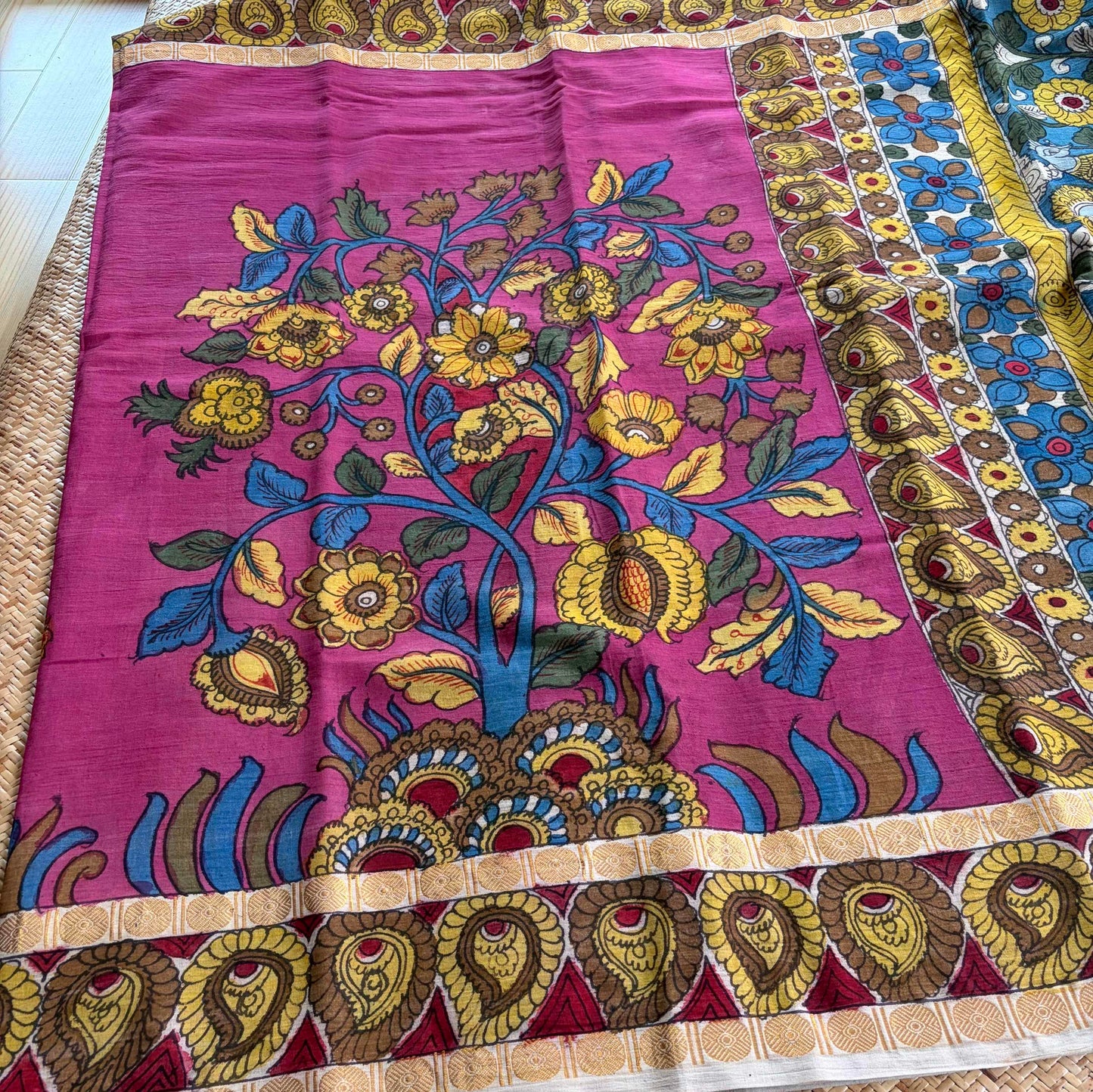 Pink Kalamkari Hand Painted on Cotton Sungudi Saree With Blouse