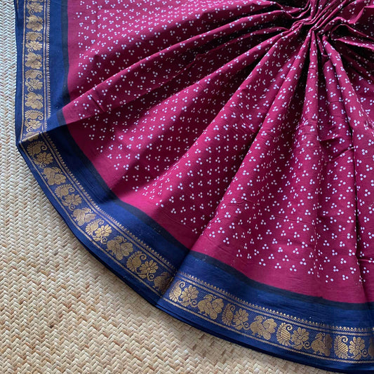 Araku With Blue Wax Print, Half Fine Zari Premium Sungudi Cotton Sarees