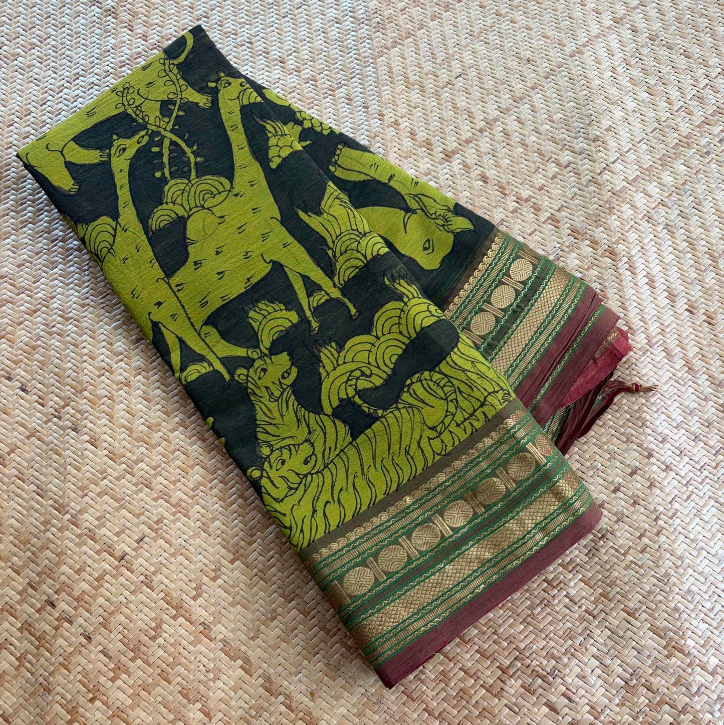 Green Forest Kalamkari Hand Painted on Chettinad Cotton saree