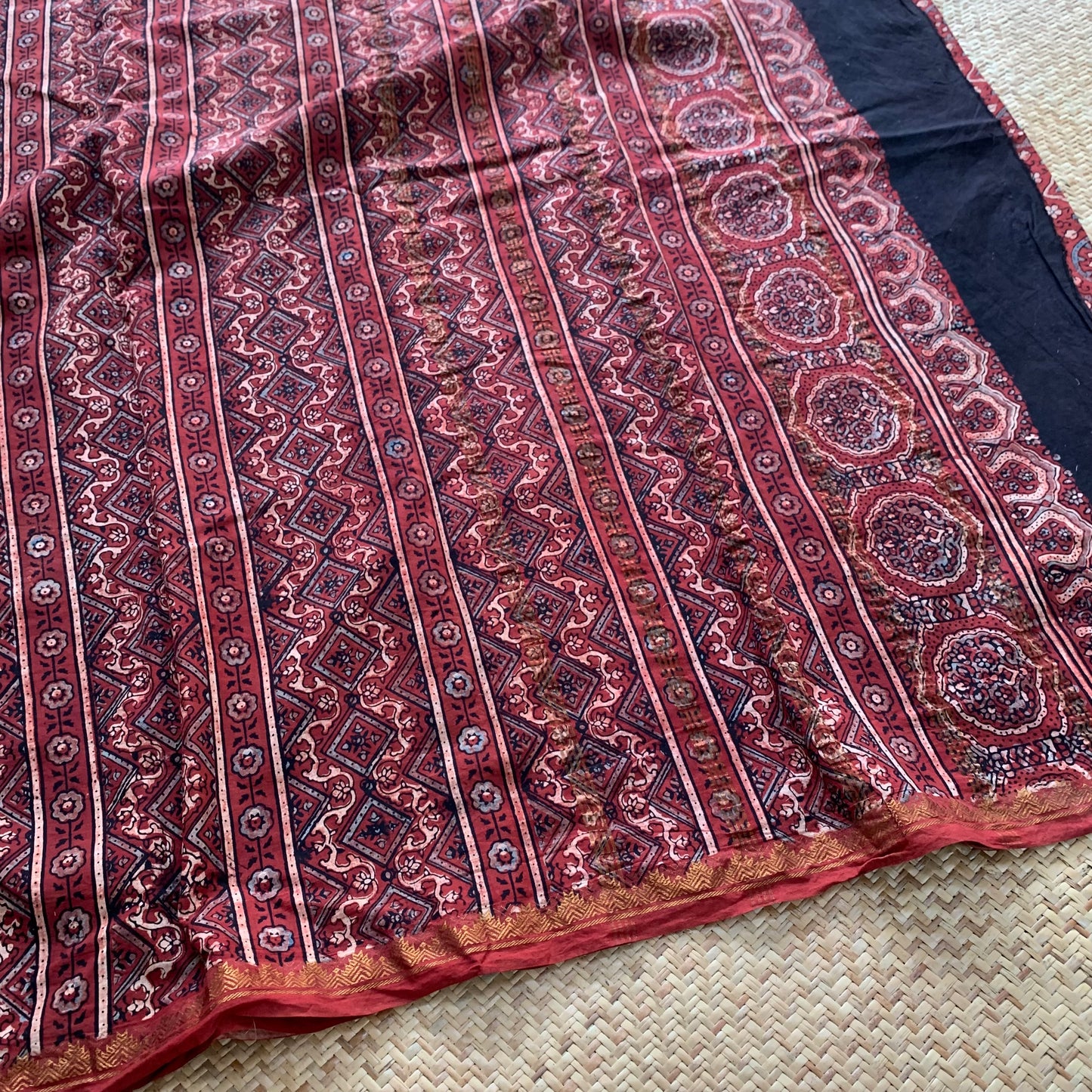 Vintage-Manjistha, Ajrak Hand Block Printed On Madurai Cotton Saree With Zari