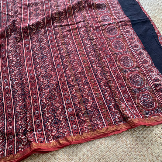 Vintage-Manjistha, Ajrak Hand Block Printed On Madurai Cotton Saree With Zari