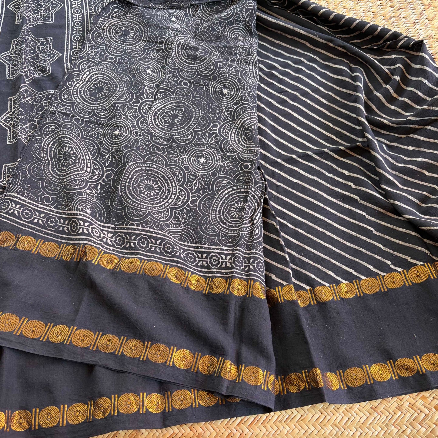Diagonal Black, Ajrak Hand Block Printed On Madurai Cotton Saree With Zari
