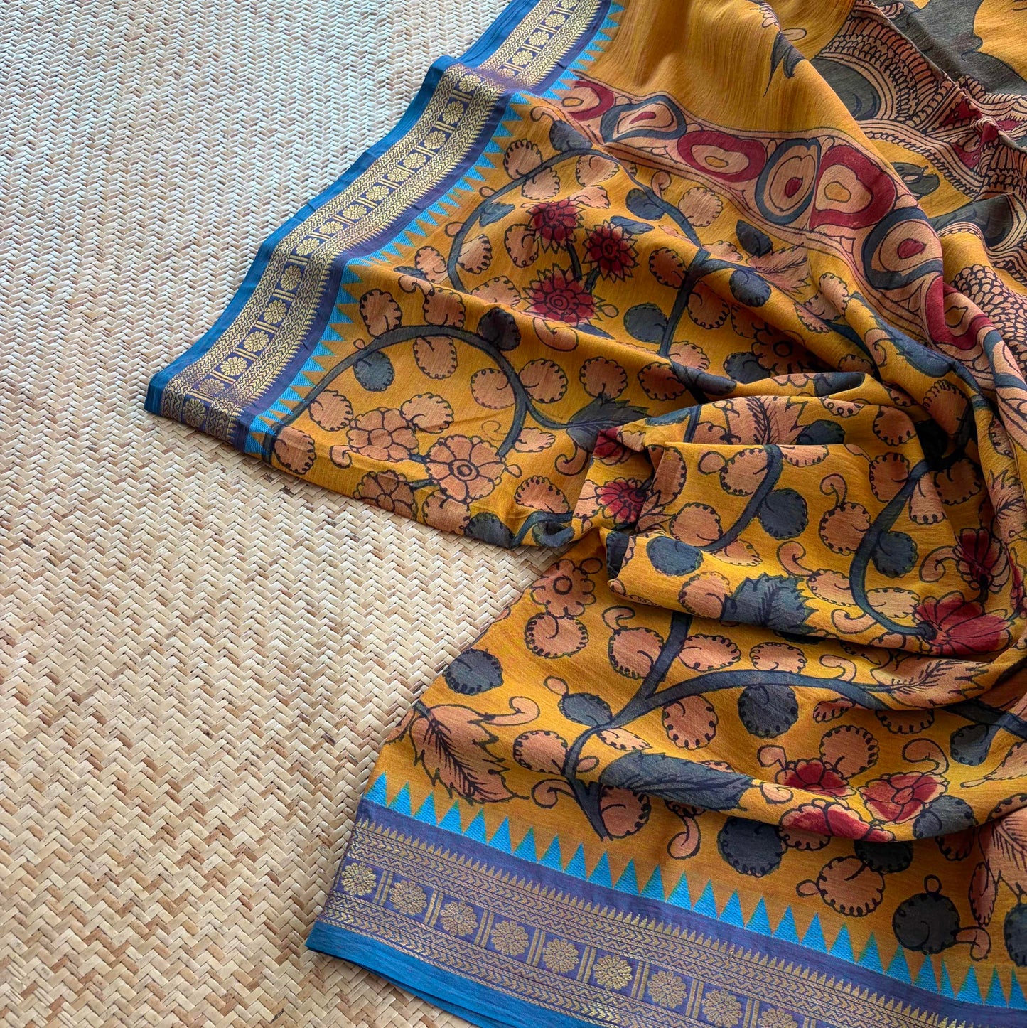 Peach, Kalamkari Hand Painted on Chettinad Cotton saree